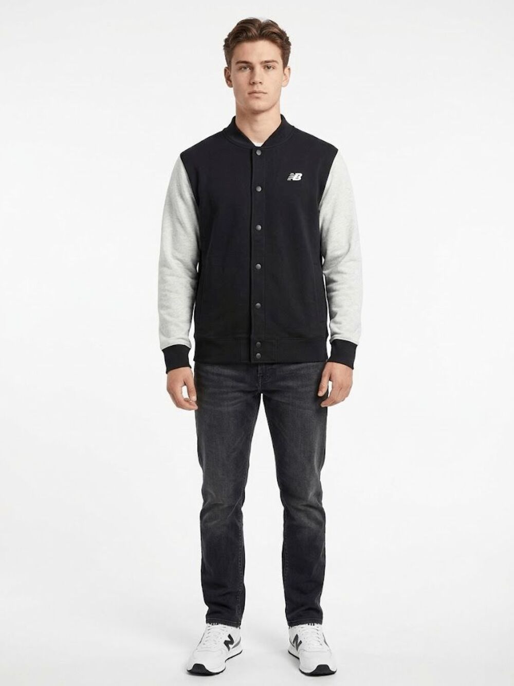New Balance Boys' Black Grey Colorblock Snap Front Varsity Bomber Jacket NWT Siz